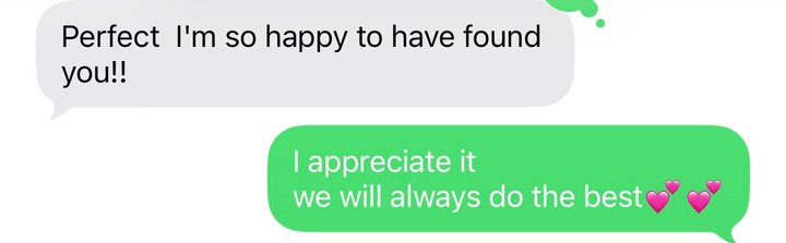 Text message from Kristen: perfect, I'm so happy to have found you.